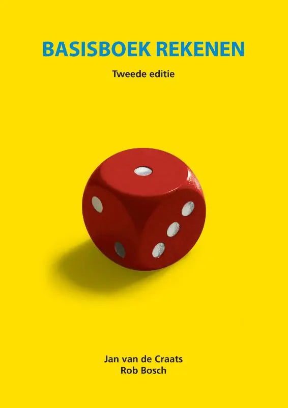 Een levendige rode zeszijdige dobbelsteen met witte ogen centraal geplaatst voor een basisboek rekenen