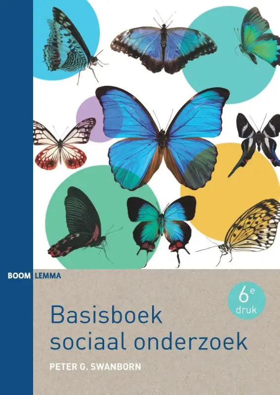 Basisboek sociaal onderzoek met kleurrijke vlinders en cirkelvormige achtergronden op de omslag