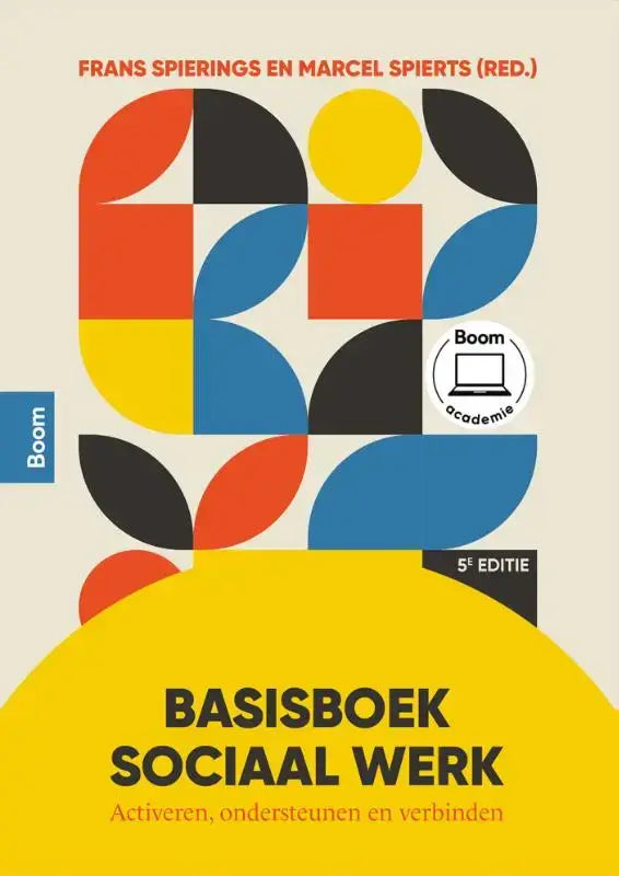 De cover van het basisboek sociaal werk toont een geometrisch ontwerp met rood, geel, blauw en zwart op crème achtergrond