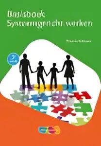 Het basisboek systeemgericht werken toont een kleurrijk abstract ontwerp met mensen en geometrische vormen