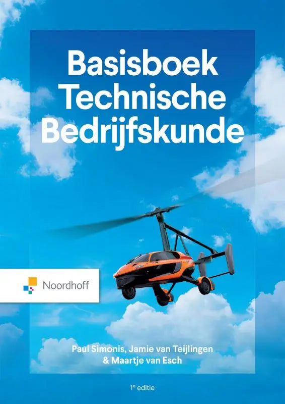 Oranje en zwarte autogyro vliegend in blauwe lucht als illustratie voor basisboek technische bedrijfskunde