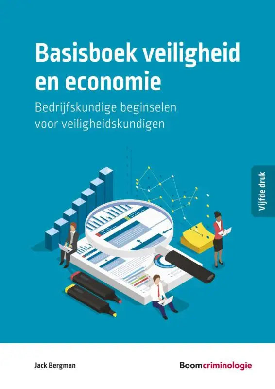 Blauw boek basisboek veiligheid en economie van koninklijke boom uitgevers met illustratie van mensen die aan data werken