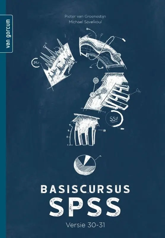 Het boek basiscursus spss van michael savelkoul toont een donkerblauwe omslag met statistiekgrafieken in vraagtekenvorm