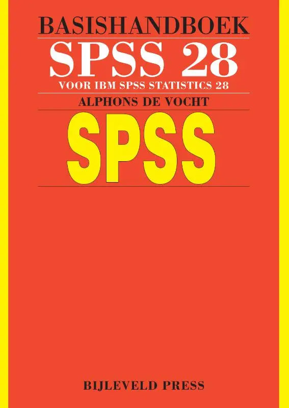 Helder rood hardcover boek basishandboek spss 28 met gele en witte tekst van alphons de vocht