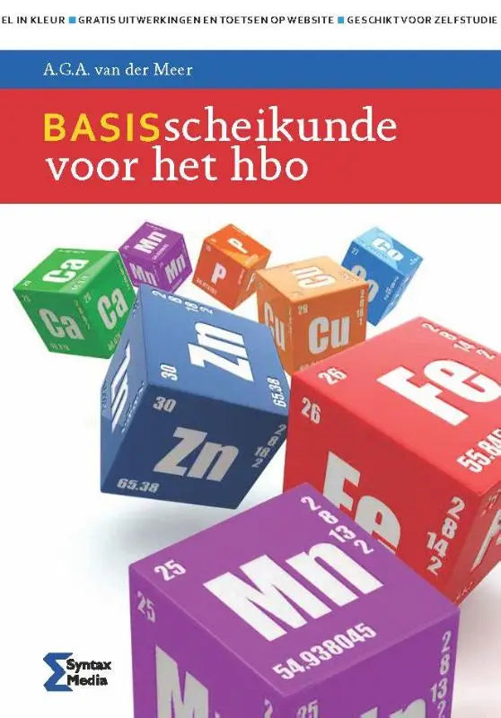 De boekcover van basisscheikunde voor het hbo toont kleurrijke kubusvormige scheikunde algemeen elementen van syntax media
