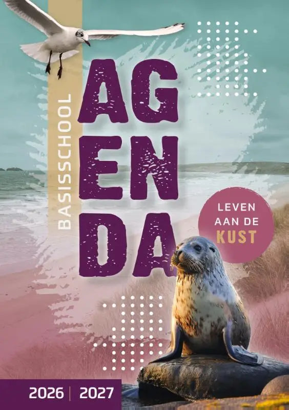 Paars gekleurde textured basisschoolagenda 2026/27 met zeehond en meeuw illustratie en strandthema aan de kust