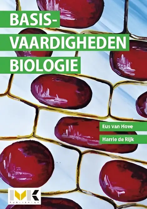 Het basisvaardigheden biologie leerboek toont een gestileerde illustratie van rode cellen op een lichtblauwe achtergrond