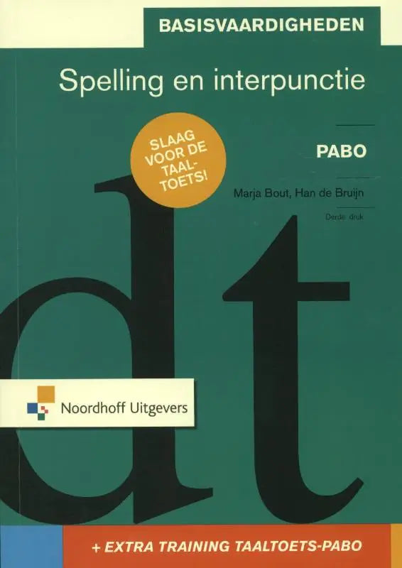 Teal kleurig dutch taalboek basisvaardigheden spelling met vetgedrukte zwarte letters en gele sticker door marja bout