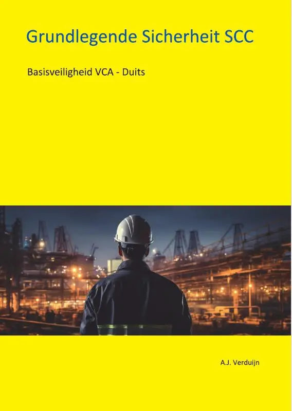 Gele omslag van basisveiligheid vca met foto van persoon in witte helm voor industriele faciliteit nachts