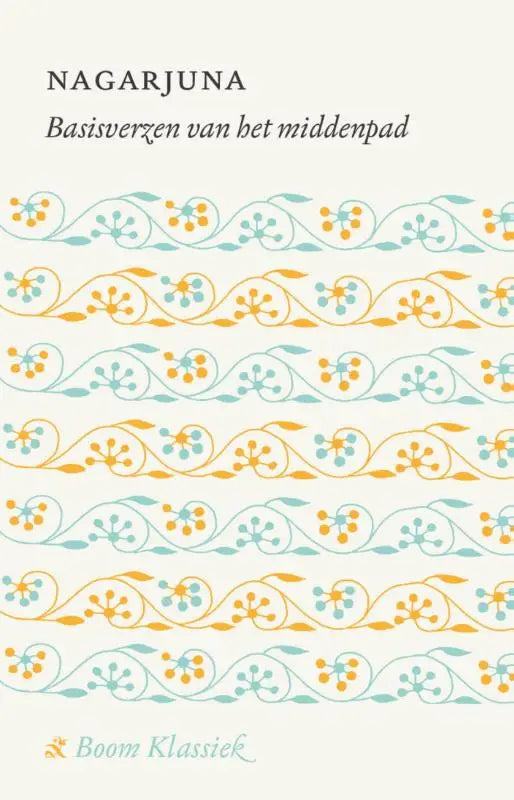 Het boek basisverzen van het middenpad van michiel leezenberg heeft een crèmewitte omslag met bloemmotieven in teal en mosterdgeel