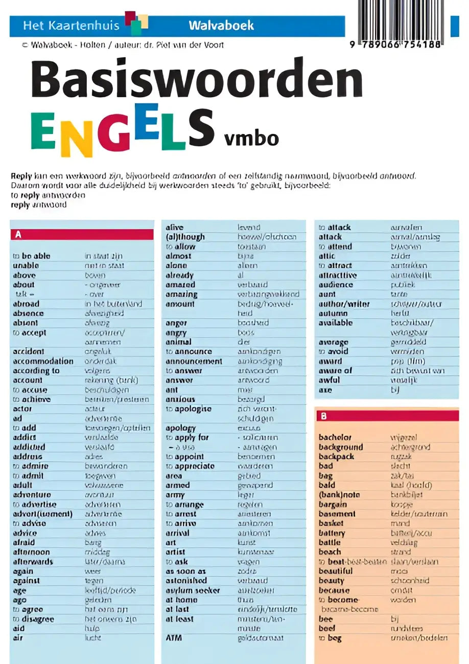 De achterkant van basiswoorden engels vmbo toont een woordenboek met alfabetisch georganiseerde, gekleurde woordlijsten