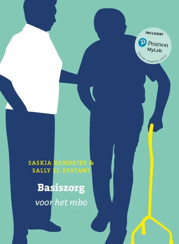 De boekcover van basiszorg voor het mbo toont een minimalistische illustratie van twee marineblauwe silhouetten tegen een mintgroene achtergrond