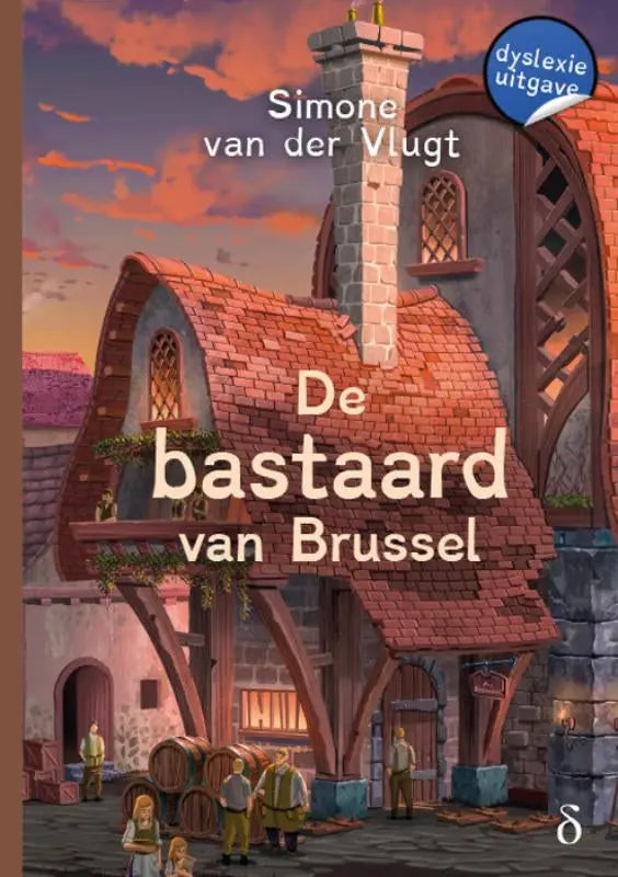 De bastaard van brussel boek met charmant geïllustreerd middeleeuws huis met rood dak en stenen muren tegen zonsondergang