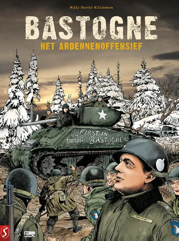 The cover of the comic book Bastogne Het Ardennenoffensief by Willy Harold Williamson featuring a green U.S. soldier