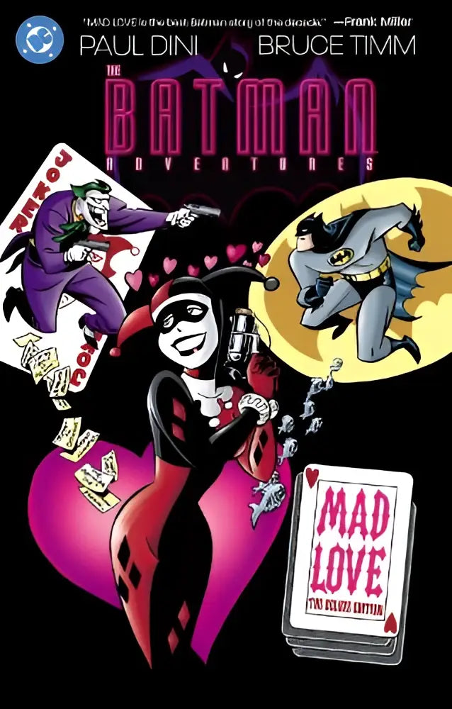 De batman adventures mad love deluxe editie omslag toont harley quinn in zwart rood kostuum met joker speelkaarten