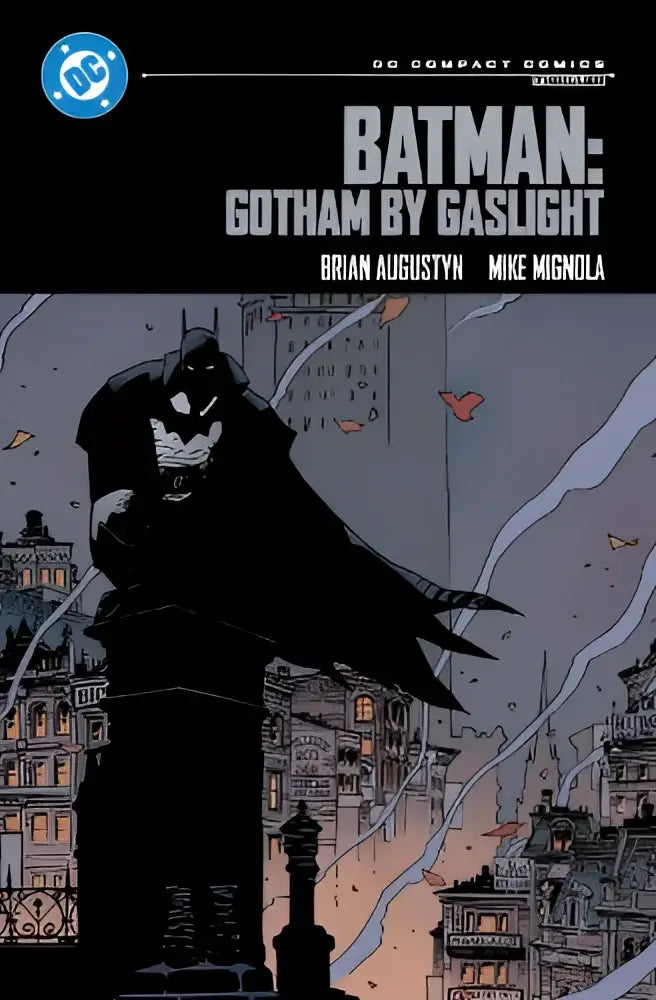 Zwart batman comic book cover van batman gotham by gaslight met artiesten credits in compact comics editie