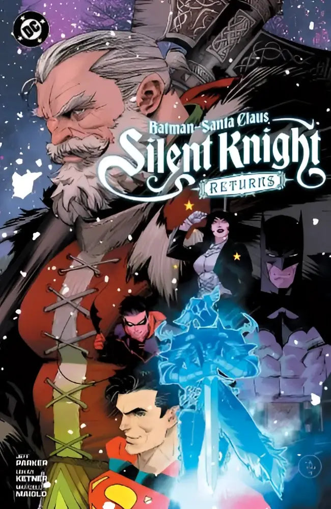 Batman santa claus silent knight returns comic cover with red black armored santa and heroes in starry background