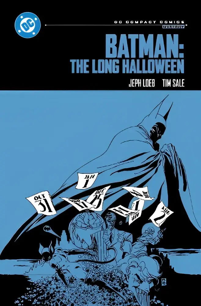 Batman in a flowing black cape and cowl featured on the cover of Batman the Long Halloween compact comics edition