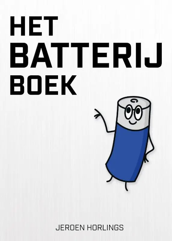 Blauwe cartoon batterij met witte bovenkant en glimlachend gezicht zwaaiend op het product het batterijboek