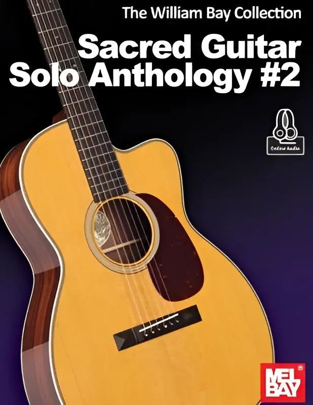 Acoustic guitar with natural wood finish and dark brown binding featuring mel bay logo from bay collection sacred guitar anthology