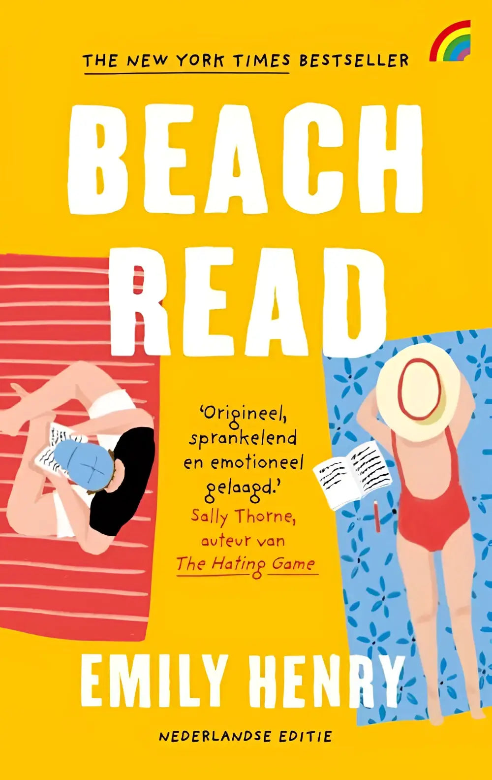 Heldergele omslag van het boek beach read door emily henry met illustraties van lezers op het strand en emotionele diepgang