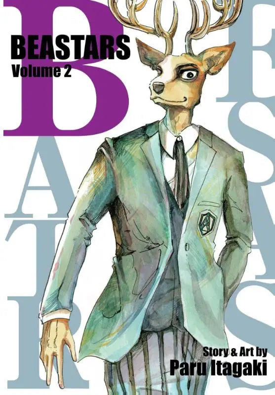 Cartoon hert figuur in lichtgroen pak met witte overhemd en donkere das op cover van beastars vol 2