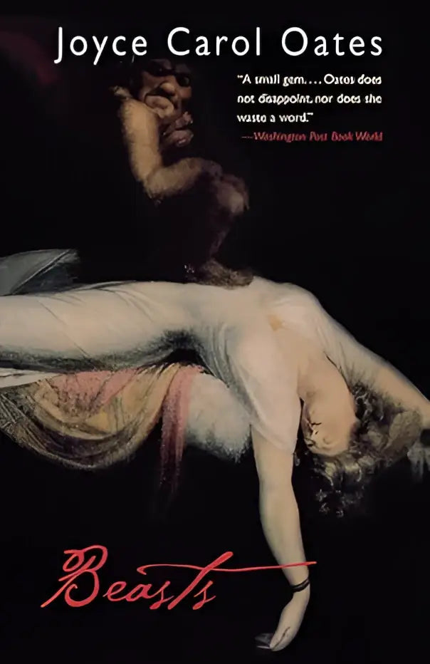 De hardcover van het boek Beasts toont een dramatische illustratie van een vrouw in wit met een schimmig dierlijk wezen