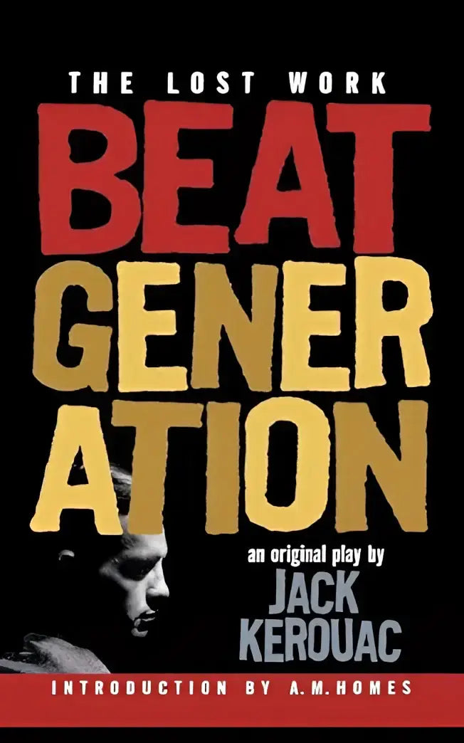 De cover van beat generation the lost work toont een zwart achtergrond met rode en gele letters en een grijze profielportret