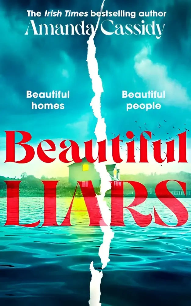 De boekcover van beautiful liars door amanda cassidy toont rood lettertype tegen turquoise water en lucht voor psychologische thrillers