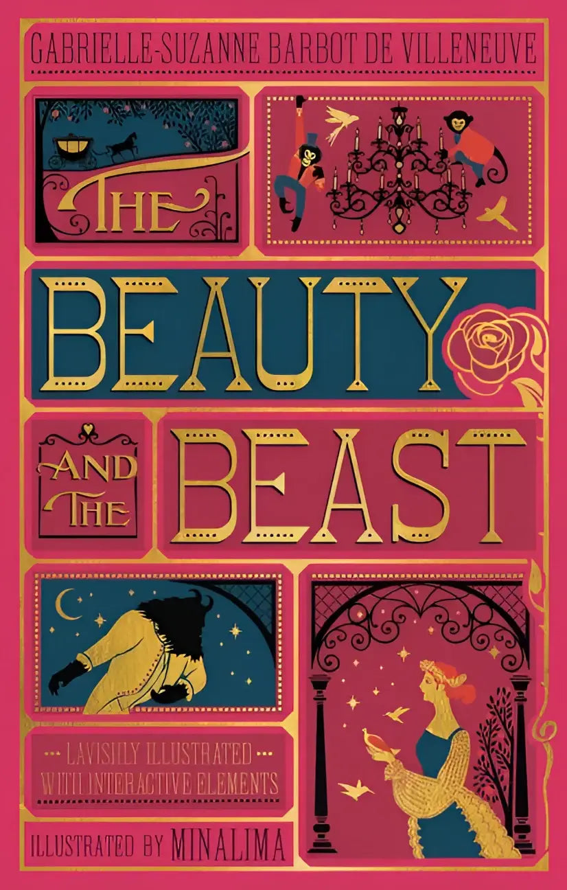 De beauty and the beast mina lima edition boek heeft een sierlijke vintage omslag in magenta, teal, goud en zwart