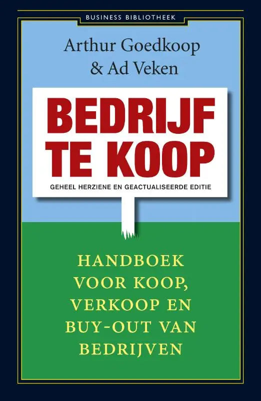 De boekcover van bedrijf te koop toont vet rode en gele tekst op een gesplitste blauwe en groene achtergrond met arthur goedkoop en atlas contact
