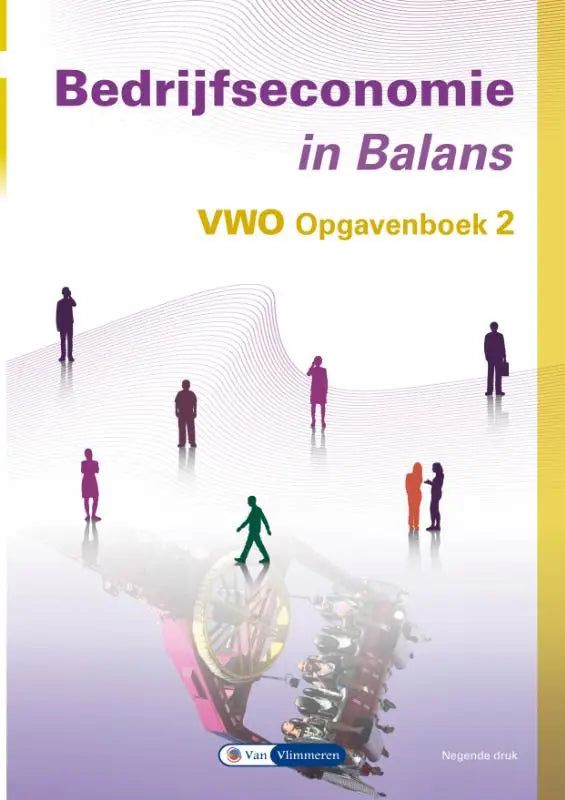 Tekstboek bedrijfseconomie in balans met paars en geel omslag en abstract industrieel ontwerp met menselijke silhouetten