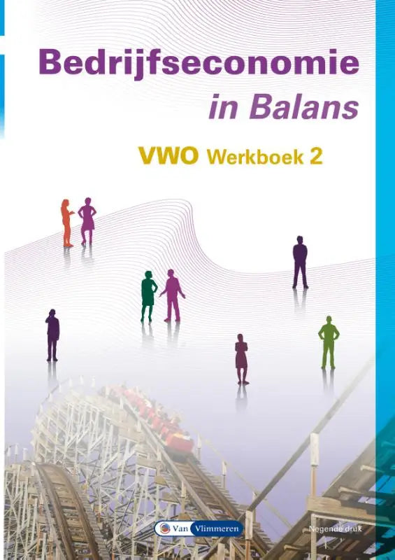 Cover van het tekstboek Bedrijfseconomie in Balans met paarse en gele kleuren en gestileerde silhouetten bij een achtbaan