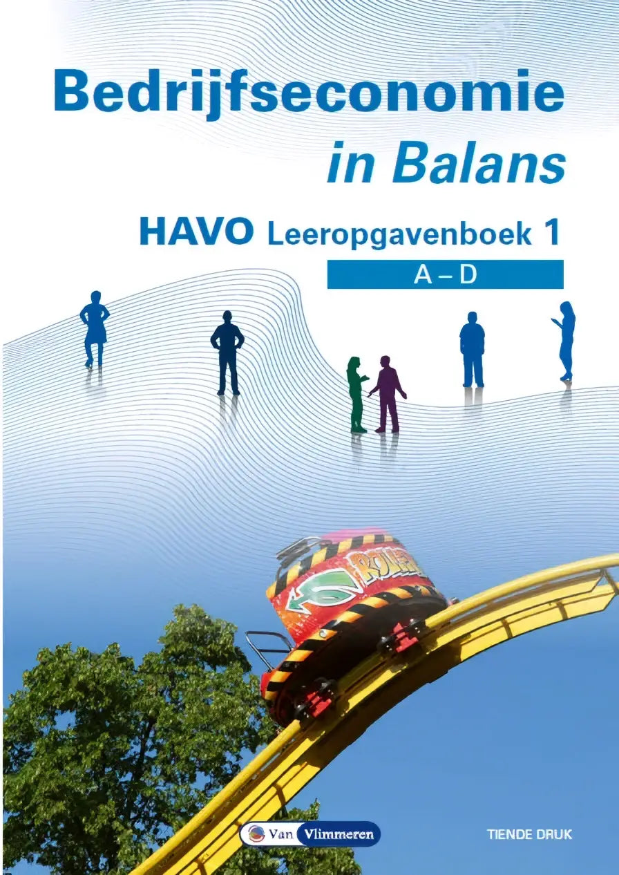 Bedrijfseconomie in balans havo vwo leerboek met blauwe en witte omslag en achtbaan in rood geel en zwart voor bedrijfskunde havo