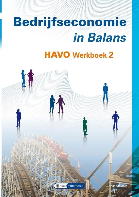 Blauw-wit boek cover van bedrijfseconomie in balans met silhouetten van mensen op een achtbaanrails
