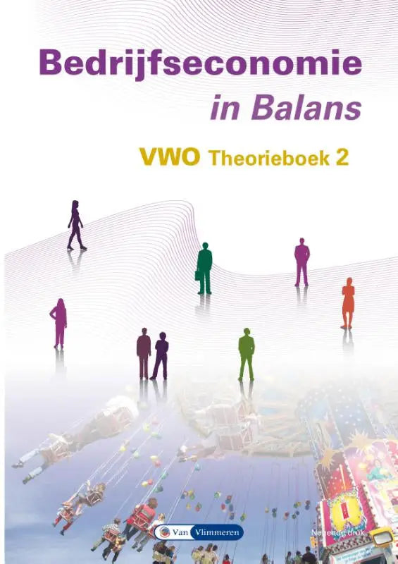 Purple and yellow text on white background with colorful silhouettes walking in an abstract landscape for bedrijfskunde havo vwo