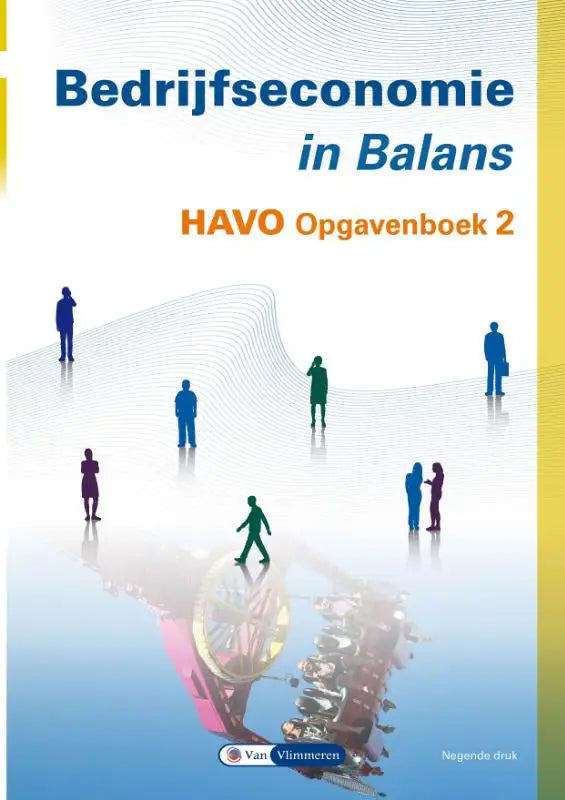 Bedrijfeconomie in balans boek met blauw en oranje tekst op witte voorkant en mensen silhouetten over abstracte reflectie