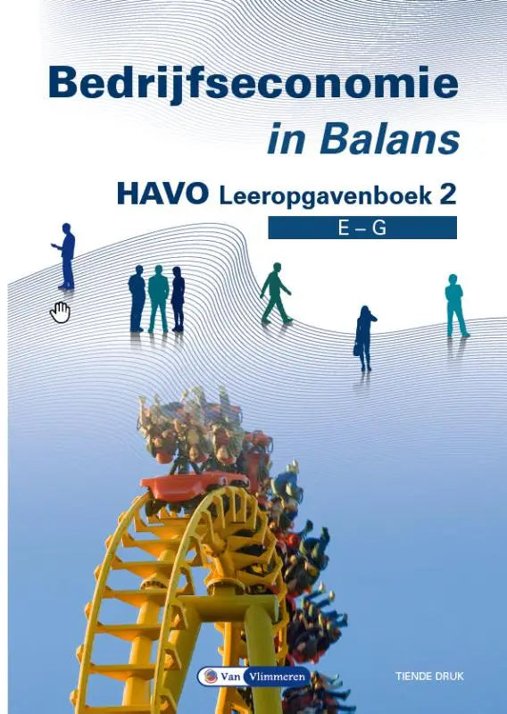 Blauw wit tekstboek bedrijfseconomie in balans havo met gele achtbaan en silhouetten op omslag