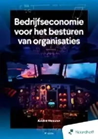 Boekcover bedrijfseconomie voor bestuurders met witte tekst op donkerblauwe achtergrond en illustratie van mensen achter bureaus