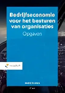 Boek cover bedrijfseconomie voor het besturen van organisaties op donkerblauwe achtergrond met abstract ontwerp en focus op bedrijfskunde algemeen