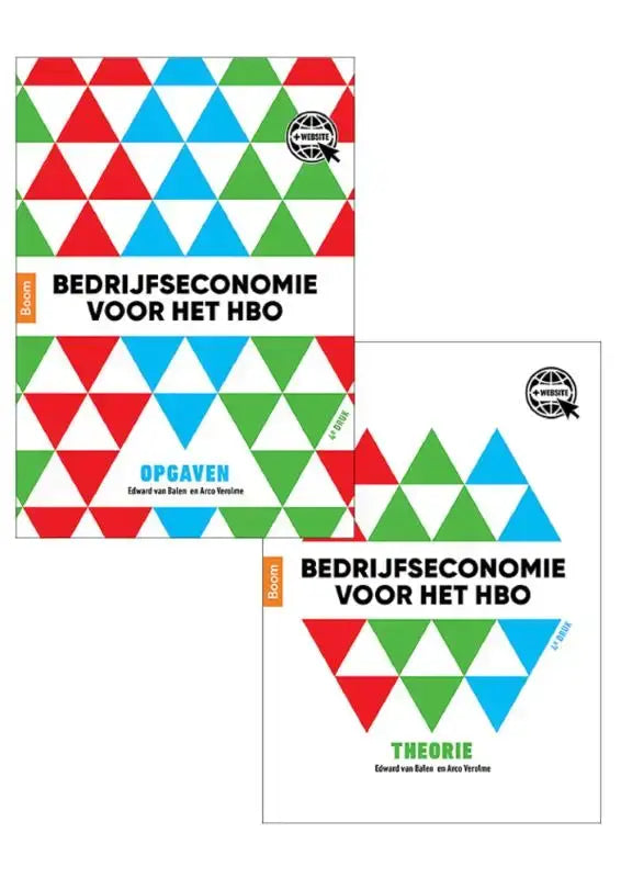 Twee arc verolme hbo theorie bedrijfseconomie boeken met kleurrijke driehoekige patronen op witte covers