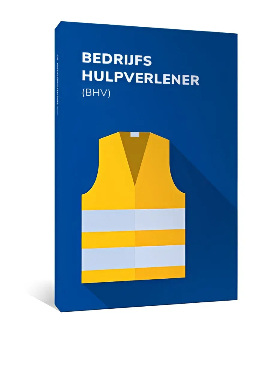 Blauw boek met gestileerde illustratie van geel veiligheidsvest met witte reflecterende strepen voor bedrijfshulpverlener bhv