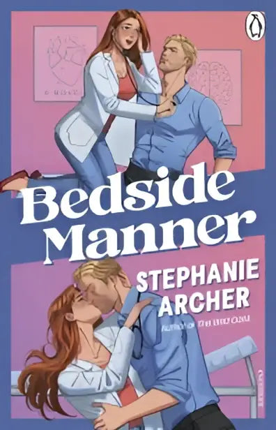 De cover van het boek bedside manner door stephanie archer toont een levendige roze achtergrond met illustraties van twee personages