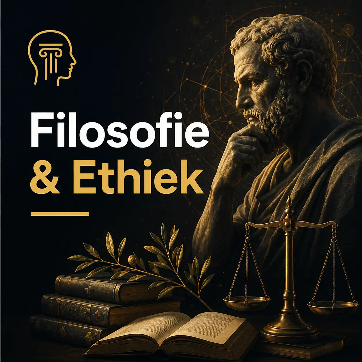 Een beeld van bronskleurig materiaal van een bebaarde filosoof in een beschouwende houding, met gedetailleerd krullend haar en draperende gewaden.