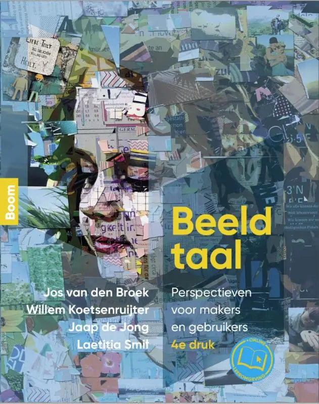 Cover van het boek beeld taal door jos van den broek met een collage van afbeeldingen en tekstfragmenten in gedempte tinten