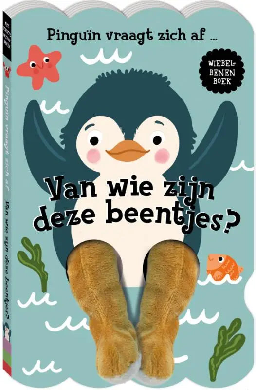 Een zachte knuffelpinguïn met witte buik zwarte rug en oranje snavel op een interactief kinderboek voor jonge lezers pinguïn vraagt