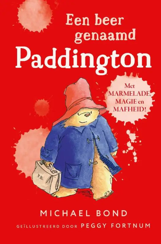 Een charmante kinderboekencover van beer genaamd paddington in blauwe jas en rode hoed met kleine koffer