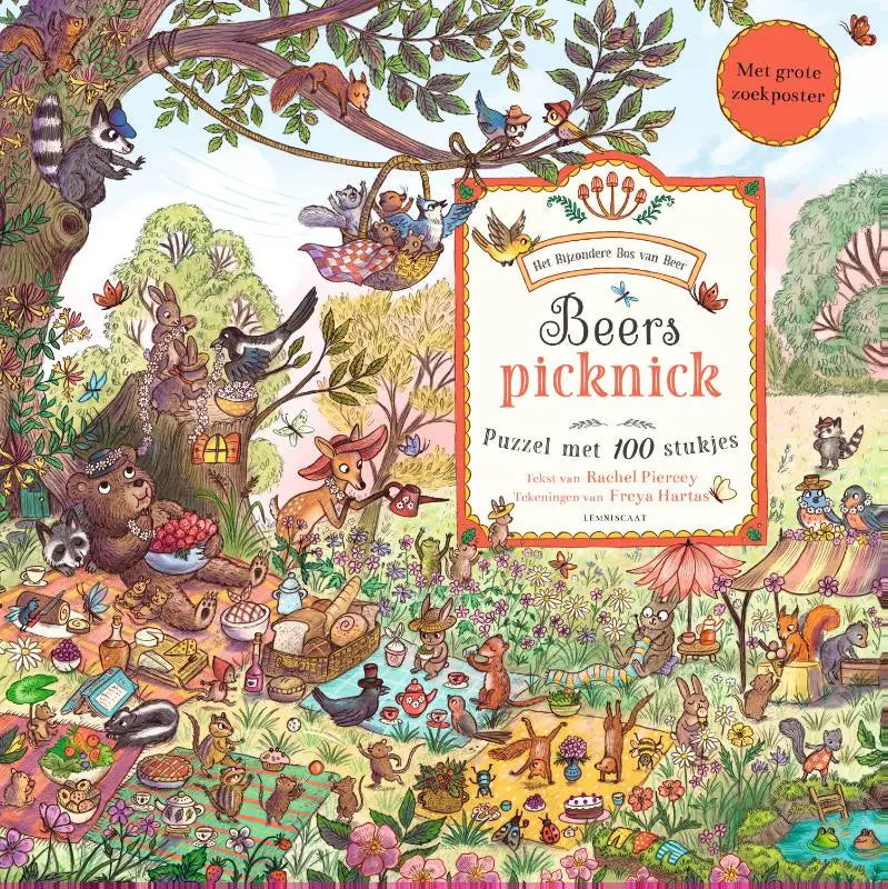 Kleurige geïllustreerde boekcover van beers picknick puzzel met een bos picknick scène voor jonge lezers