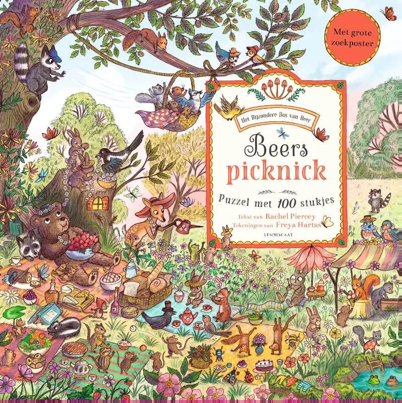 Kleurige geïllustreerde kinderspeelboek beers picknick puzzel met een fantasierijke bospicknick scène door rachel piercey