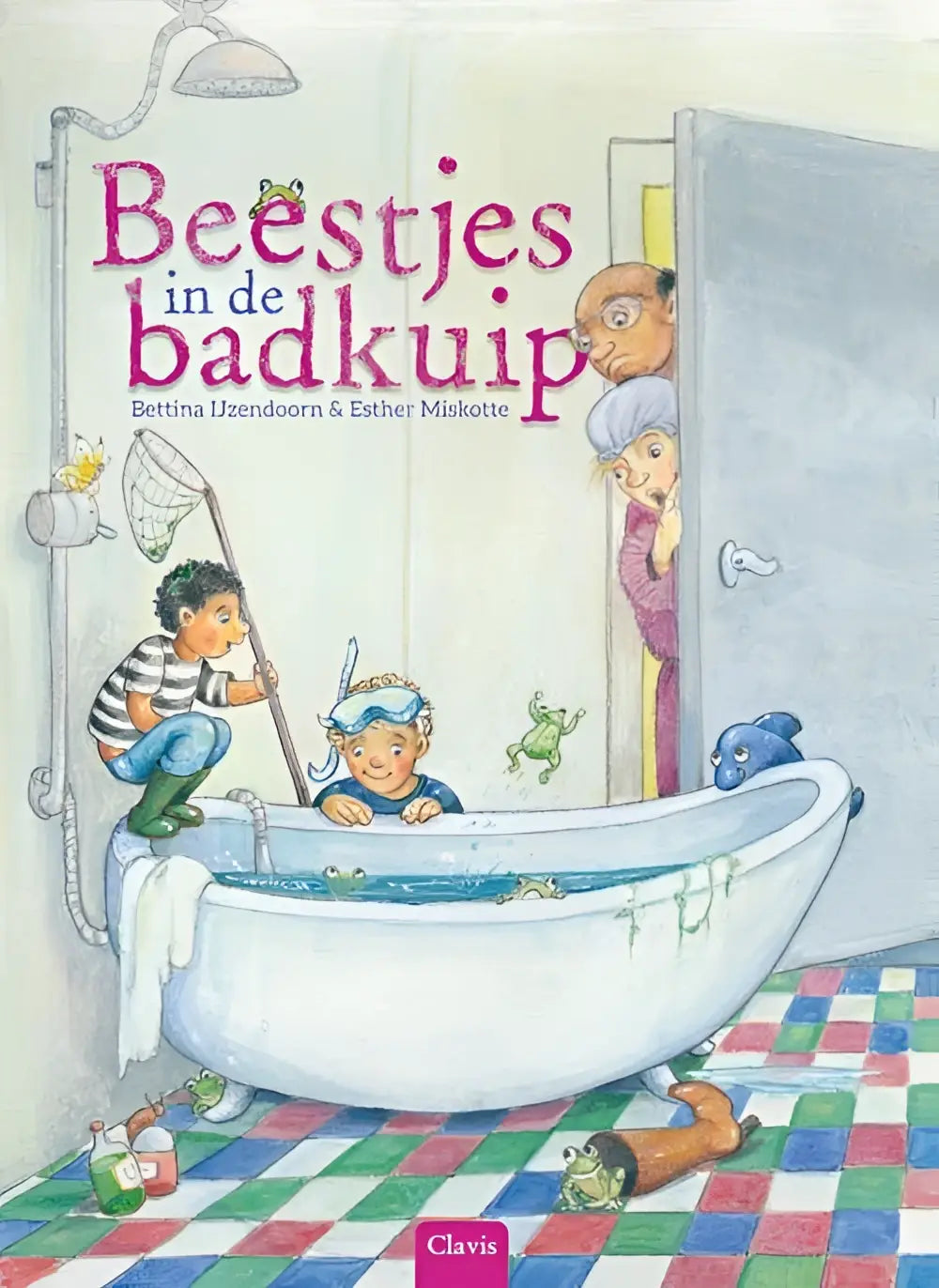Witte clawfoot badkuip met blauw water en groene kikkers in beestjes in de badkuip van bettina ijzendoorn nederlandstalig hardback voor jonge lezers